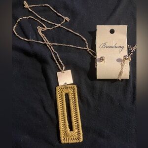 Gold-Tone Necklace with Mustard Woven Pendant and Earrings Set